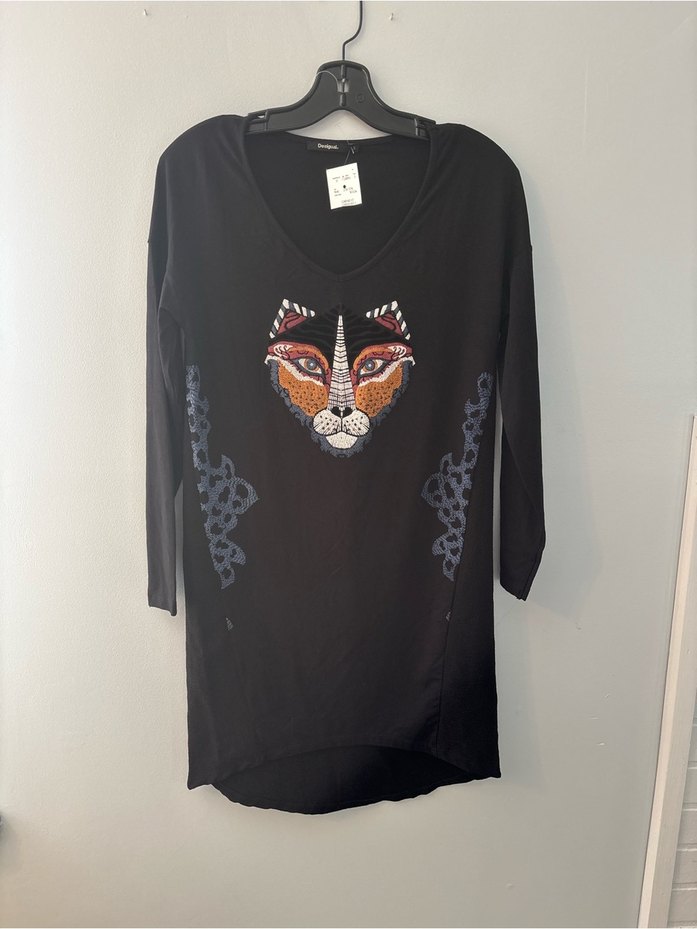 Desigual Black dress with Multicolor Embroidered Cat Face